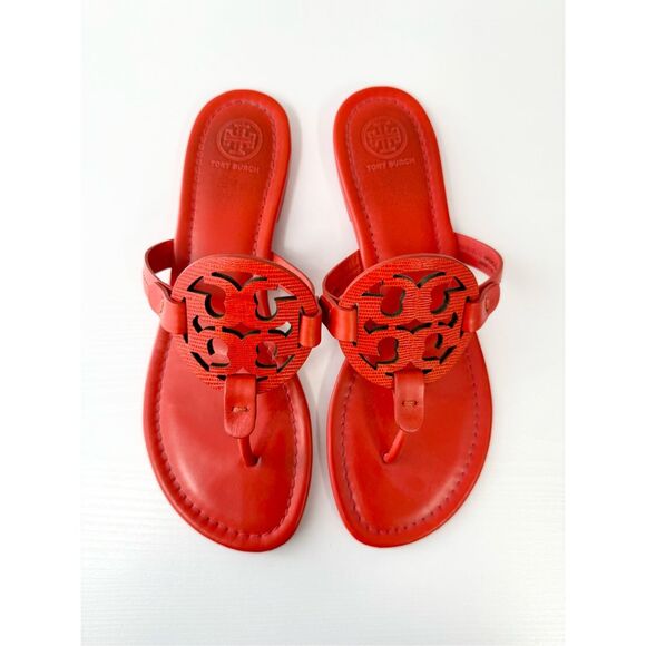 Tory Burch Miller Matte Bright Pomander Red Orange Flat Sandal 9 - Picture 1 of 8